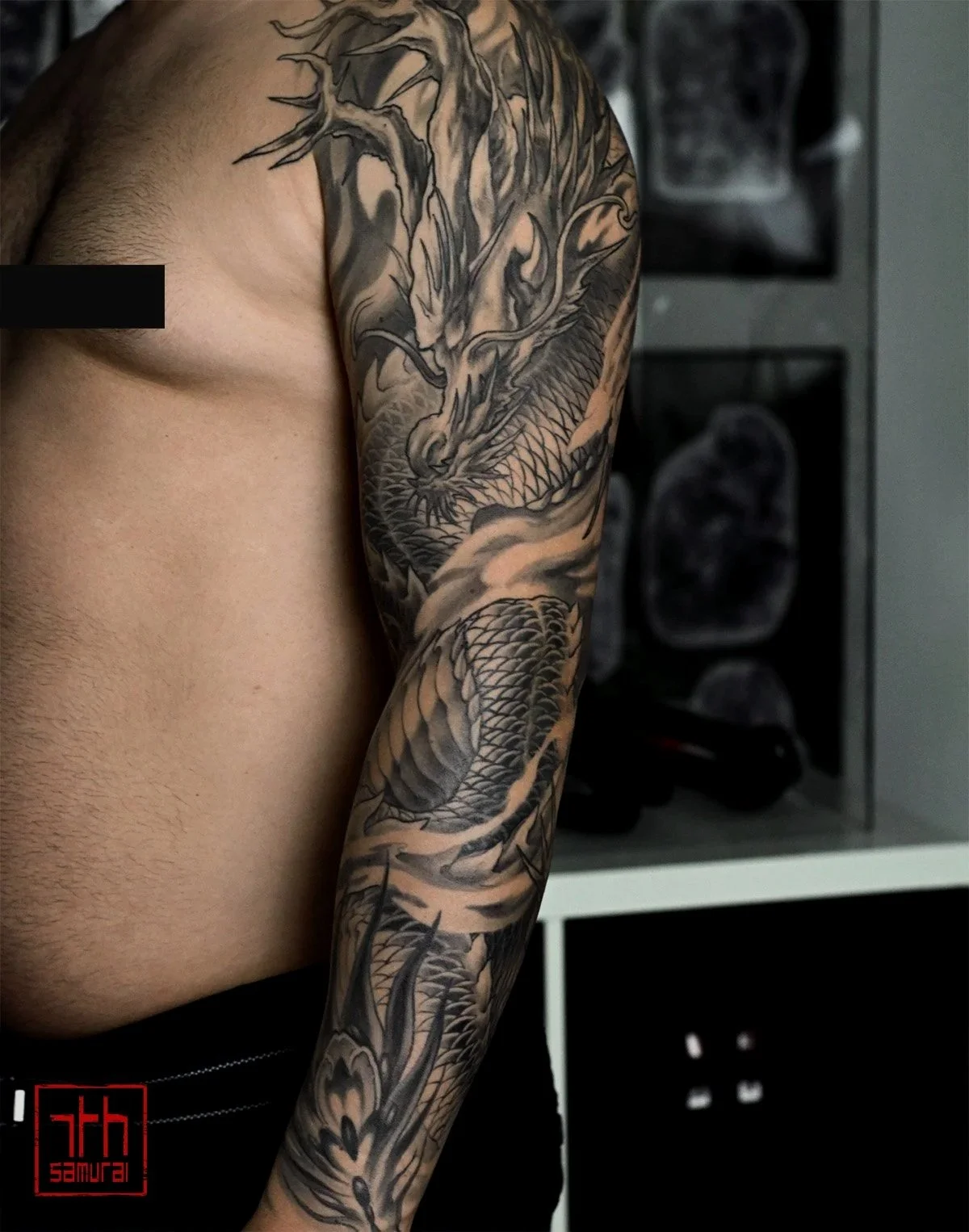 calm dragon Men's neo japanese full arm sleeve tattoo asian artist: Kai 7th Samurai. Edmonton, Alberta, Canada best 2024 calgary vancouver toronto california