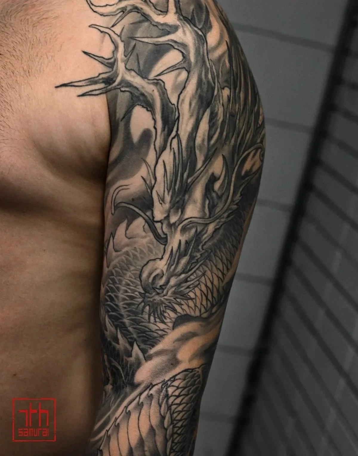 calm dragon  Men's neo japanese full arm sleeve tattoo  asian artist: Kai 7th Samurai. Edmonton, Alberta, Canada best 2024 calgary vancouver toronto california