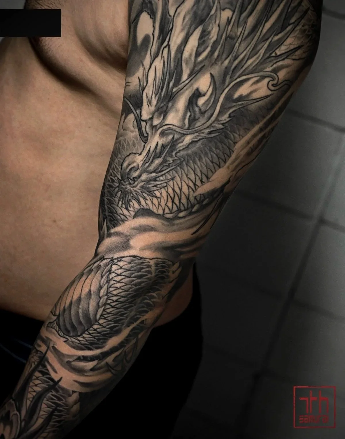 calm dragon  Men's neo japanese full arm sleeve tattoo  asian artist: Kai 7th Samurai. Edmonton, Alberta, Canada best 2024 calgary vancouver toronto california