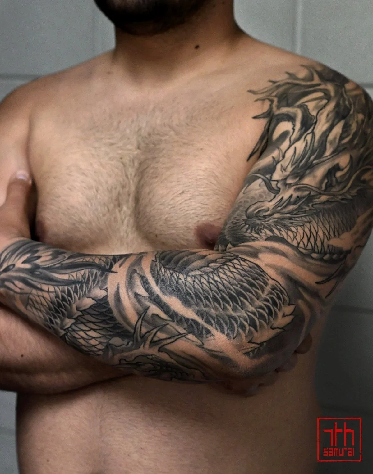 calm dragon Men's neo japanese full arm sleeve tattoo asian artist: Kai 7th Samurai. Edmonton, Alberta, Canada best 2024 calgary vancouver toronto california