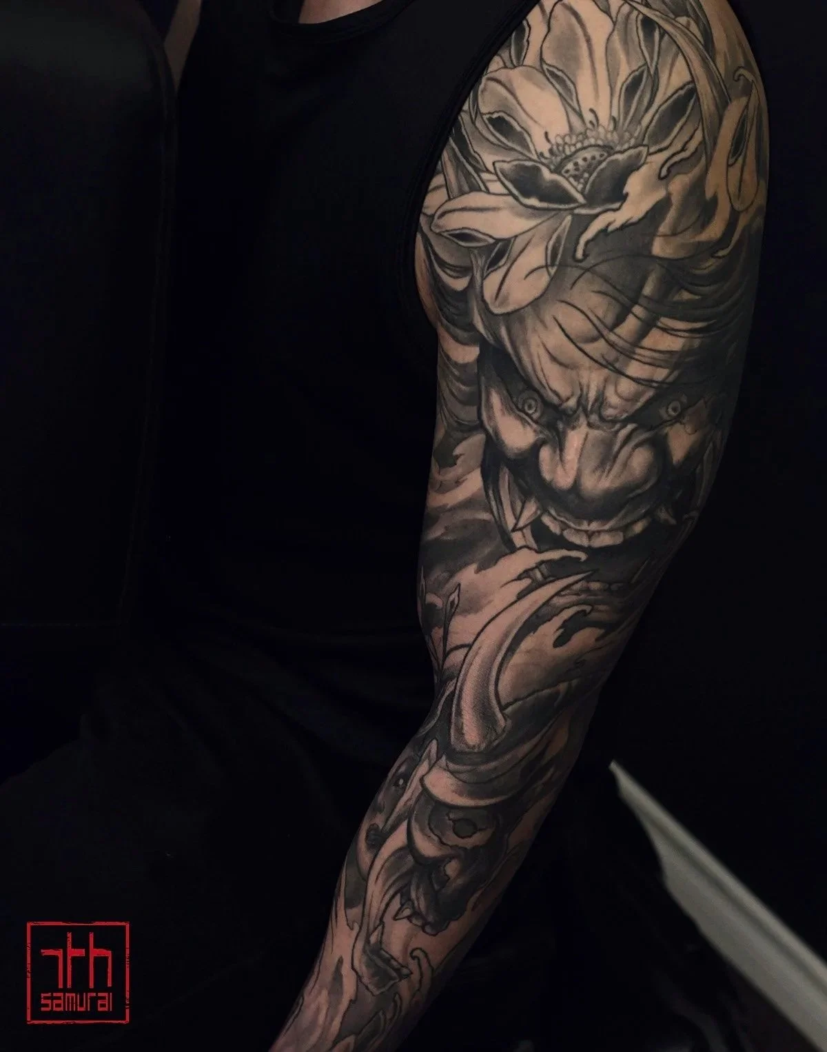 oni hannya hanya mask geisha fudog  Men's neo japanese asian arm sleeve tattoo  asian artist: Kai 7th Samurai. Edmonton, Alberta, Canada best 2024 calgary vancouver toronto california