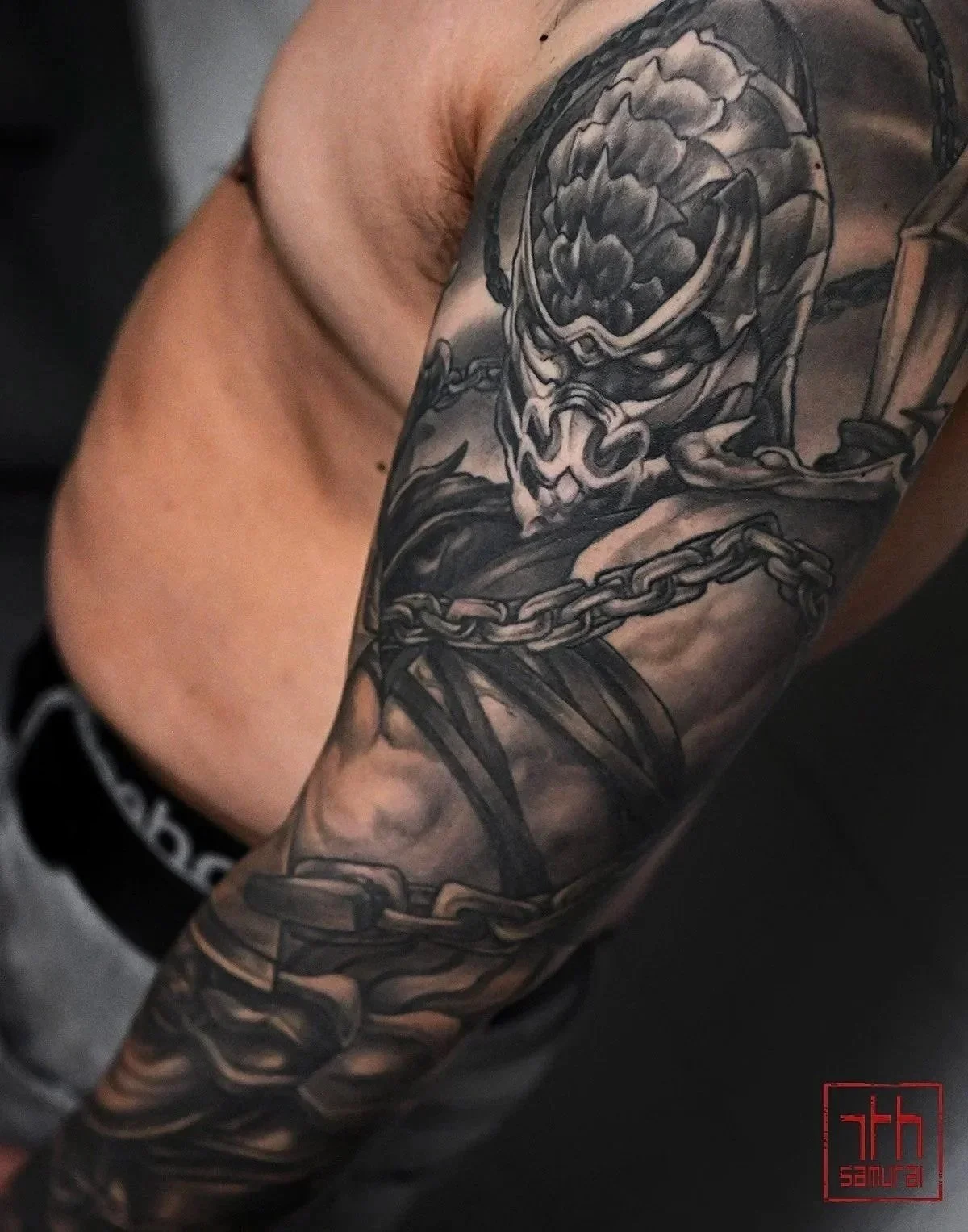 Mortal Kombat MK9 Scorpion  Men's video game gamer tattoo sleeve  asian artist: Kai 7th Samurai. YEG Edmonton, Alberta, Canada 2023 best 2024 (Copy) (Copy)