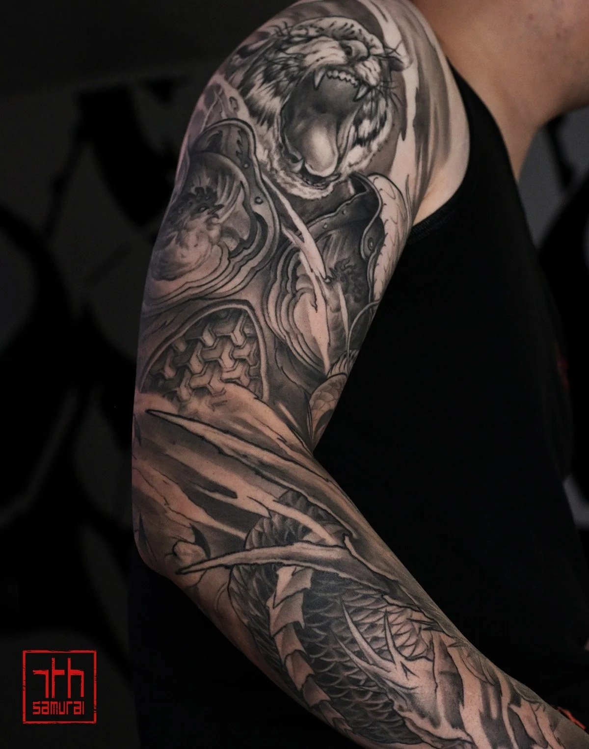 Asian zodiacs: Tiger warrior with rooster armor  year of   Men's neo japanese asian astrology arm sleeve tattoo  asian artist: Kai 7th Samurai. YEG Edmonton, Alberta, Canada 2023 best 2024 