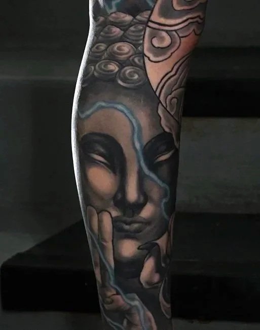 thunder buddha  Men's neo japanese asian leg sleeve tattoo with blue lightning highlights  asian artist: Kai 7th Samurai. YEG Edmonton, Alberta, Canada 2023 best 2024 