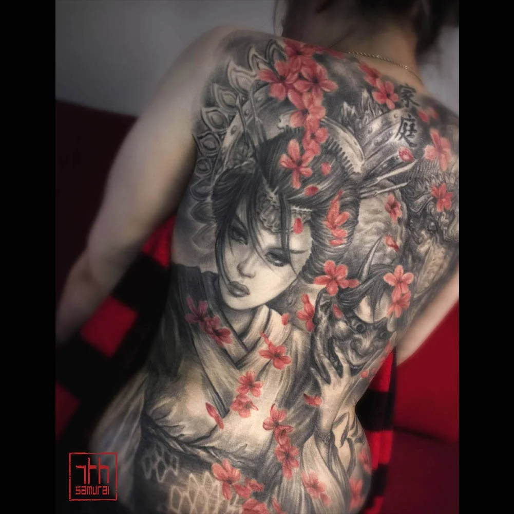 Women's Geisha hannya hanya mask red cherry blossom flower Ganesha Ganesh back piece by artist kai 7th samurai Edmonton best asian japanese tattoo 2020