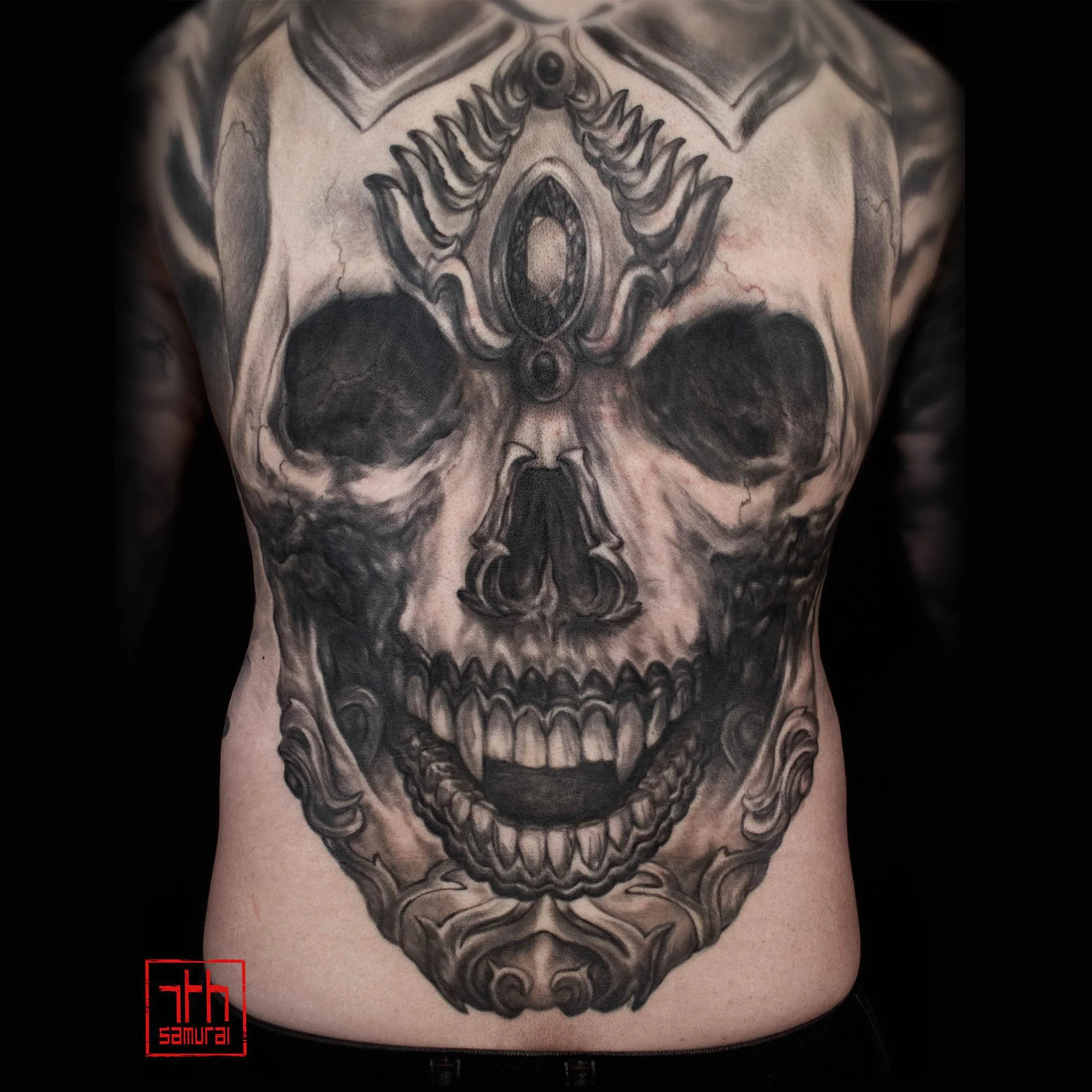 asian artist tattoo 2022  tibetan kapala skull decorated jewel mens asian full back piece kai 7th samurai edmonton alberta canada best artist 2019