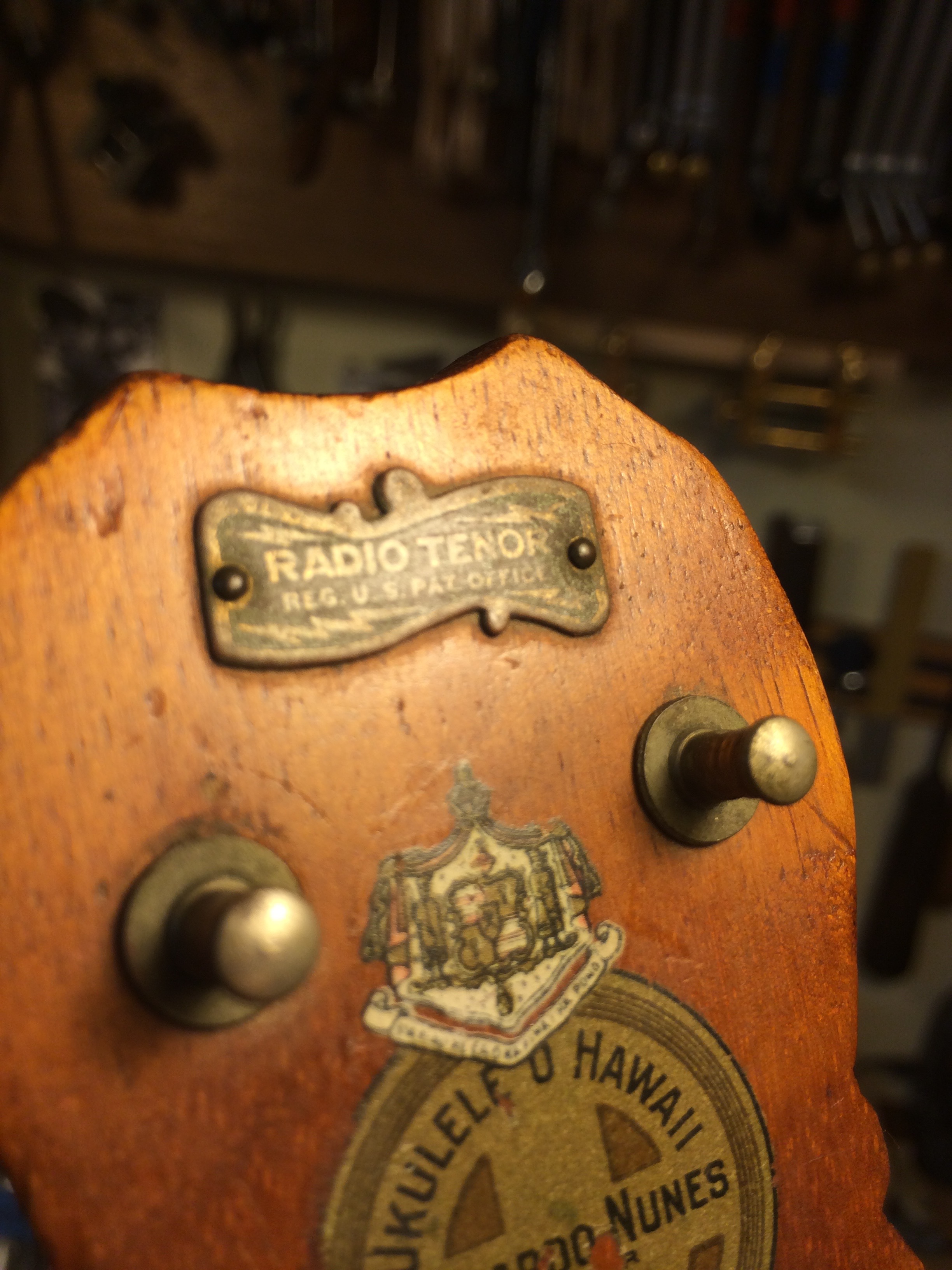 One of the more rare ukes to come in for restoration, a "Radio Tenor" Leonardo Nunes.