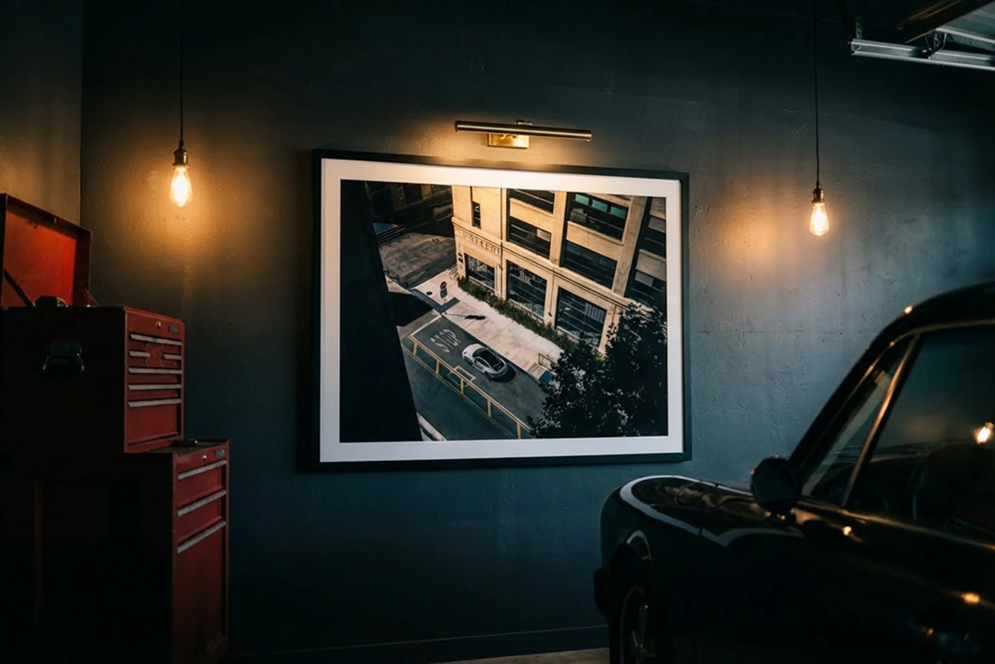 image of an art print on a garage wall from kai hartmann photographer print shop