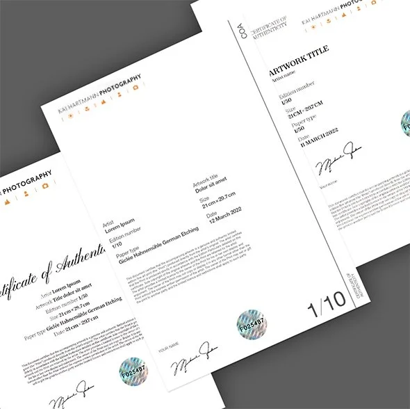 certificate from kai hartmann photographer print shop