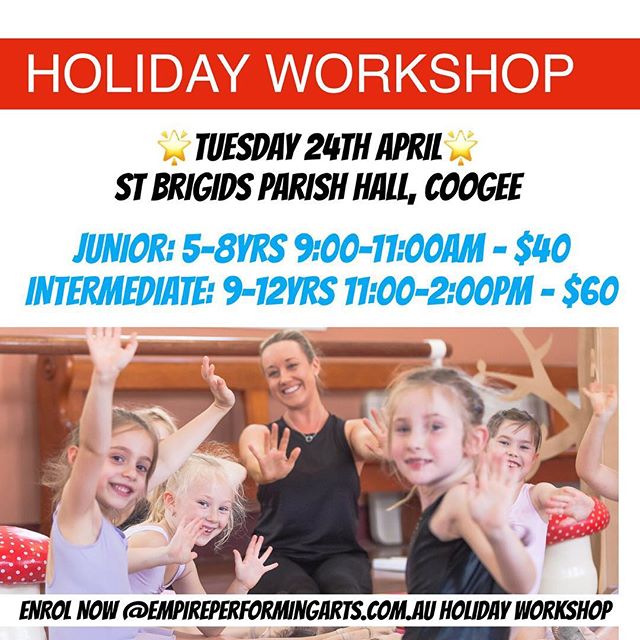 🌈 ENROL NOW 🌈

We are excited to be offering an Empire PA Holiday Workshop!

The workshop will be held on TUESDAY 24th APRIL at our beautiful studio; St Brigid&rsquo;s Parish Hall, Coogee. 🌟INSPIRING🌟ENERGETIC 🌟FUN

JUNIOR: 5-8yrs- 9:00-11:00am 