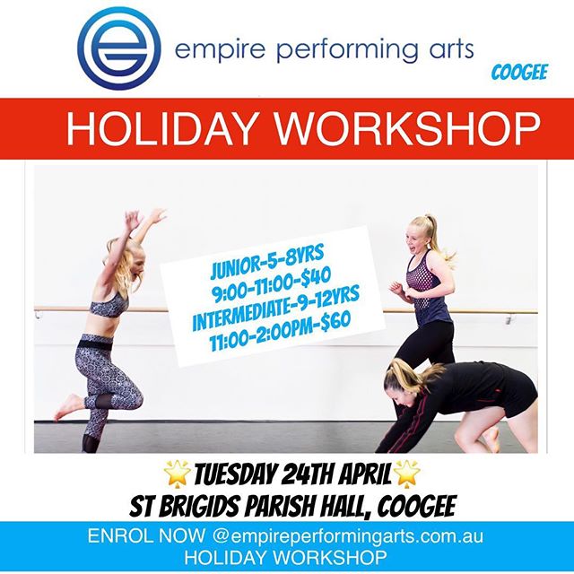 🌼GET YOUR CHILD MOVING THESE HOLIDAYS🌼

Enrol Now @ empireperformingarts.com.au Holiday Workshop! 🔷ACROBATICS🔷JAZZ🔷BALLET * Make new friends in your local area
* Learn new skills
* Enjoy our 13 metre Acro Matt * Move Shake Giggly and Create thro