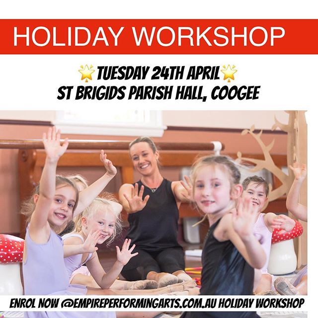 🔷HOLIDAY WORKSHOP 🔷

Don&rsquo;t forget about our FUN CREATIVE AND ENERGETIC Holiday Workshop!!! 💥TOMORROW
💥Tuesday 24th April
💥5-8yrs - Juniors
💥9-12yrs- Intermediate 🌼St. Brigid&rsquo;s Parish Hall, cnr. Brook and Waltham street , Coogee 🌼B