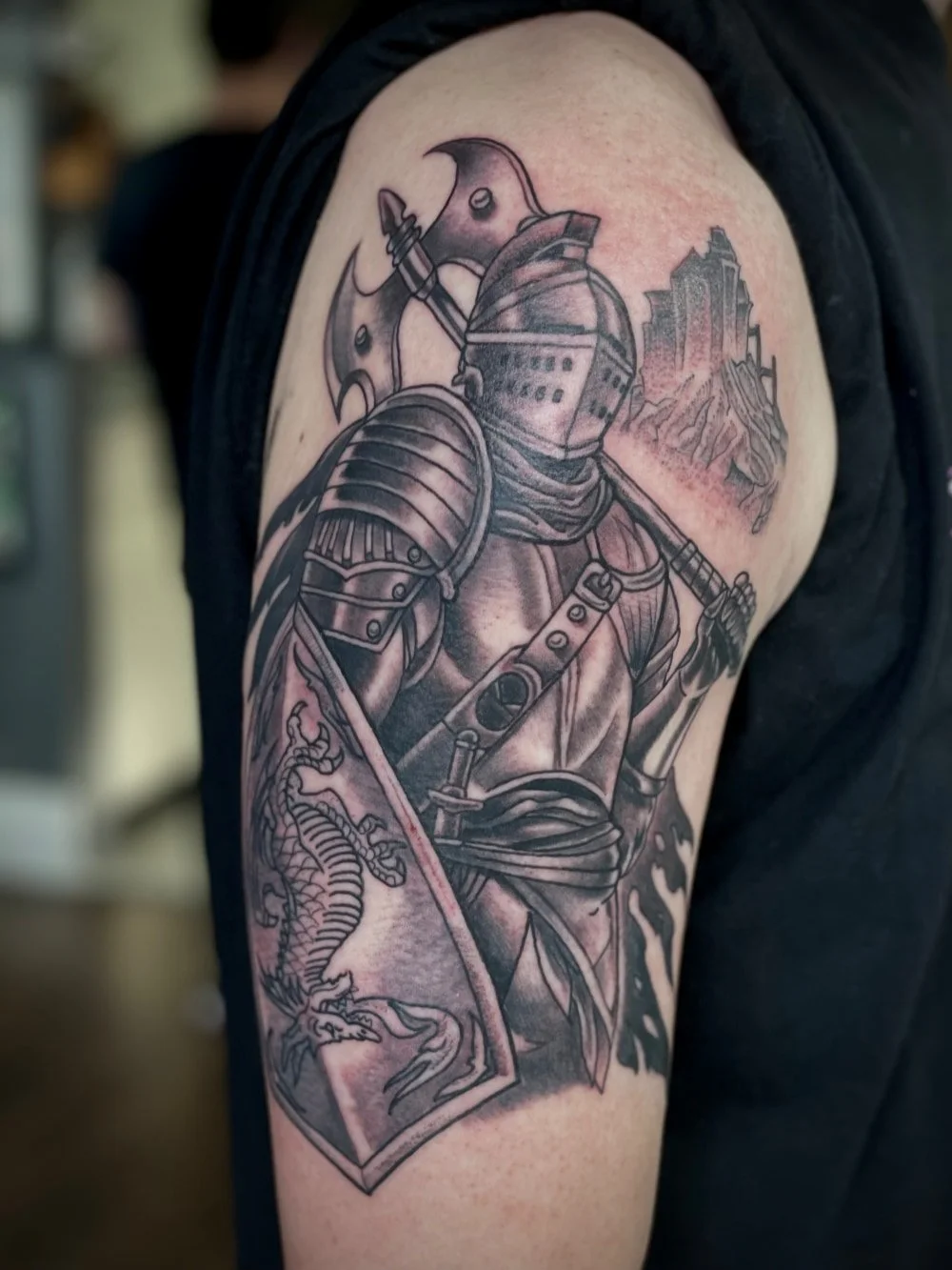 black and grey knight in armor tattoo 