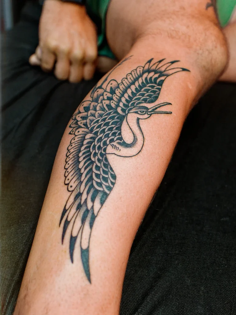 Side view of a black crane wrapping the lower leg
