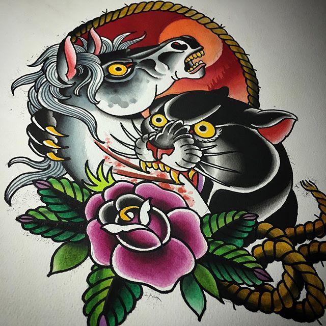 Panther horse battle, fun stuff water color on paper #spitshaded #americanatattoos #traditionaltattoo #