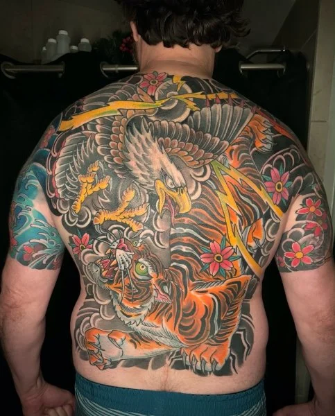 American traditional back piece tattoo by San Diego tattoo artist Chris Cockrill at Remington Tattoo