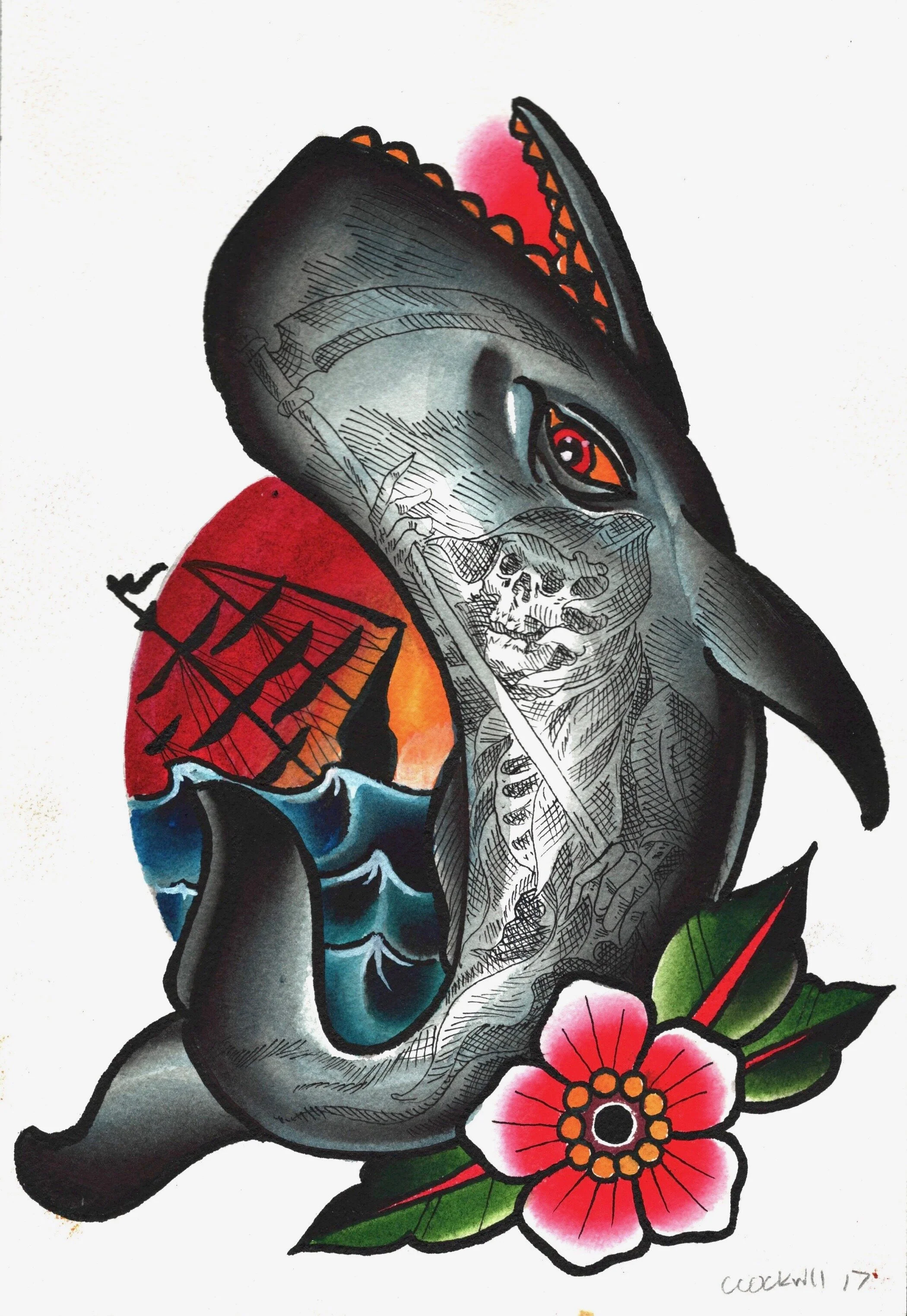 American Traditional Whale Tattoo