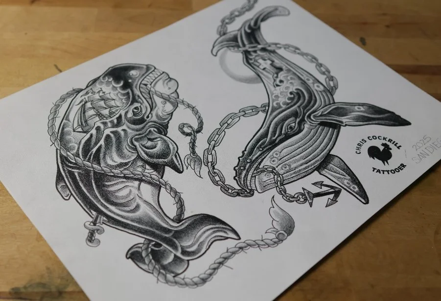 traditional whale tattoo flash from tattoo artist chris cockrill on coquille paper 