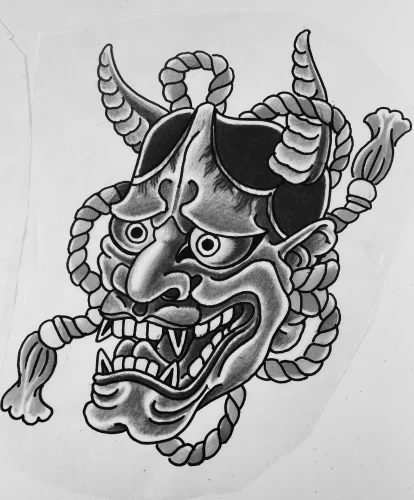Colored pencil Hannya mask design ready to tattoo at Remington Tattoo in San Diego