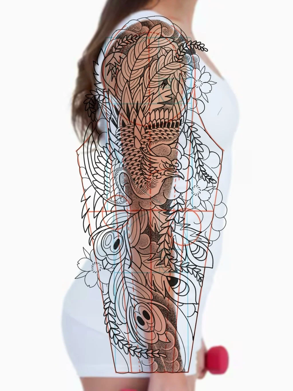 shaded Pheonix tattoo sleeve on a woman