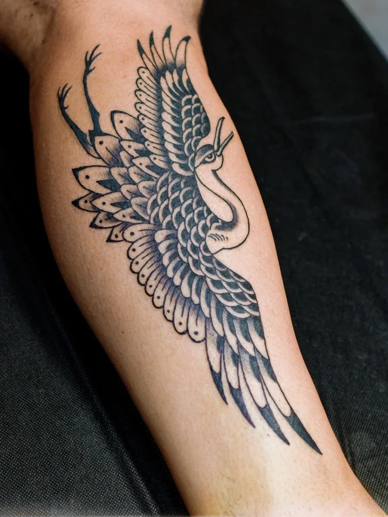 Traditional crane leg tattoo by San Diego tattoo artist Chris Cockrill