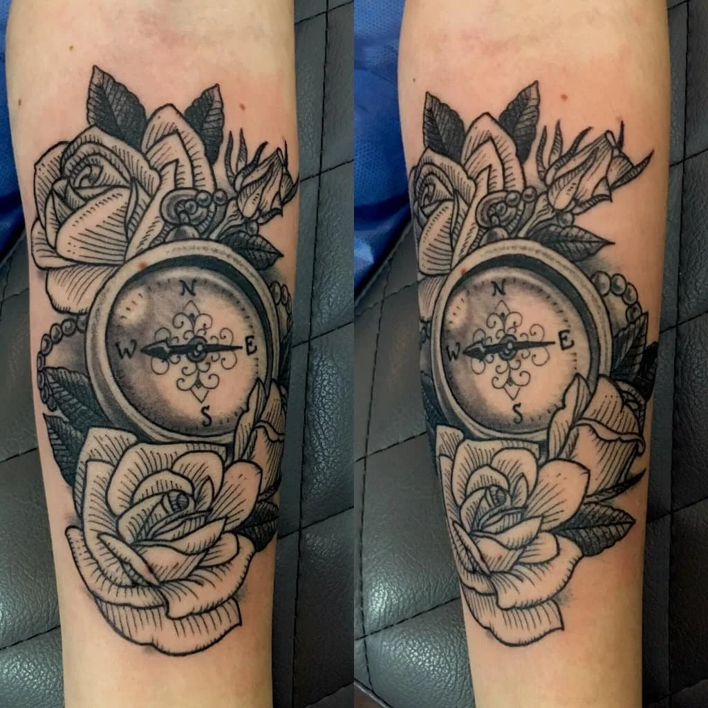 black and grey rose and compass