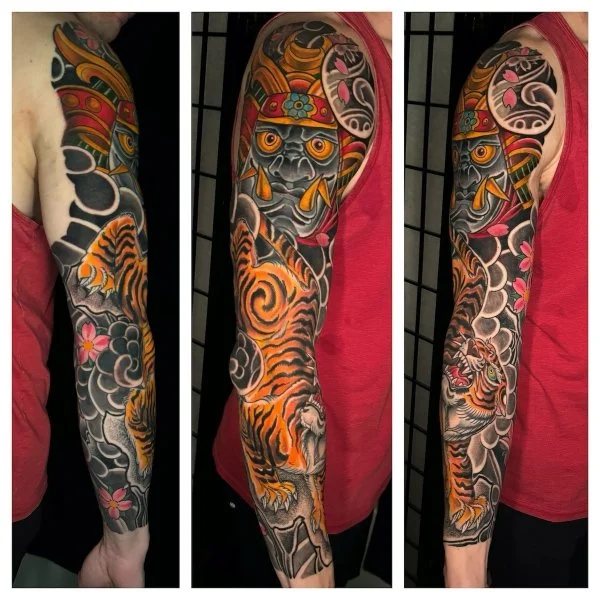 tiger and samurai full sleeve japanese tattoo  