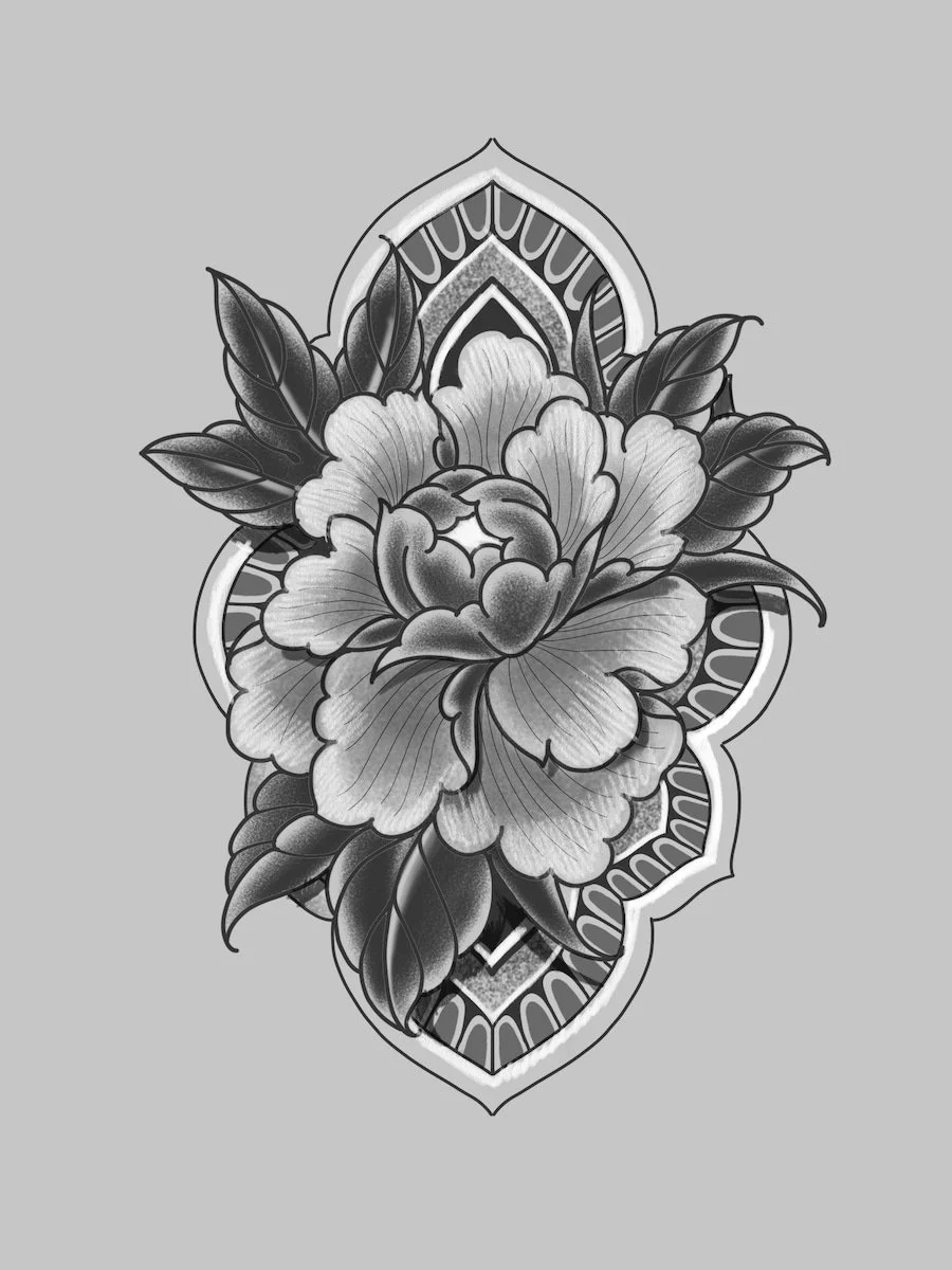 peony and geometric design tattoo design in black and grey 