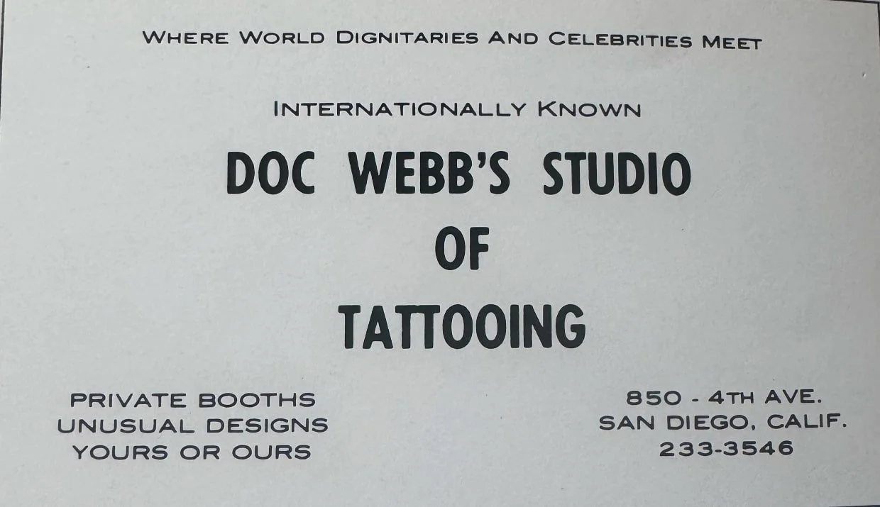 Doc Webb tattoo shop business card 850 4th Ave San Diego