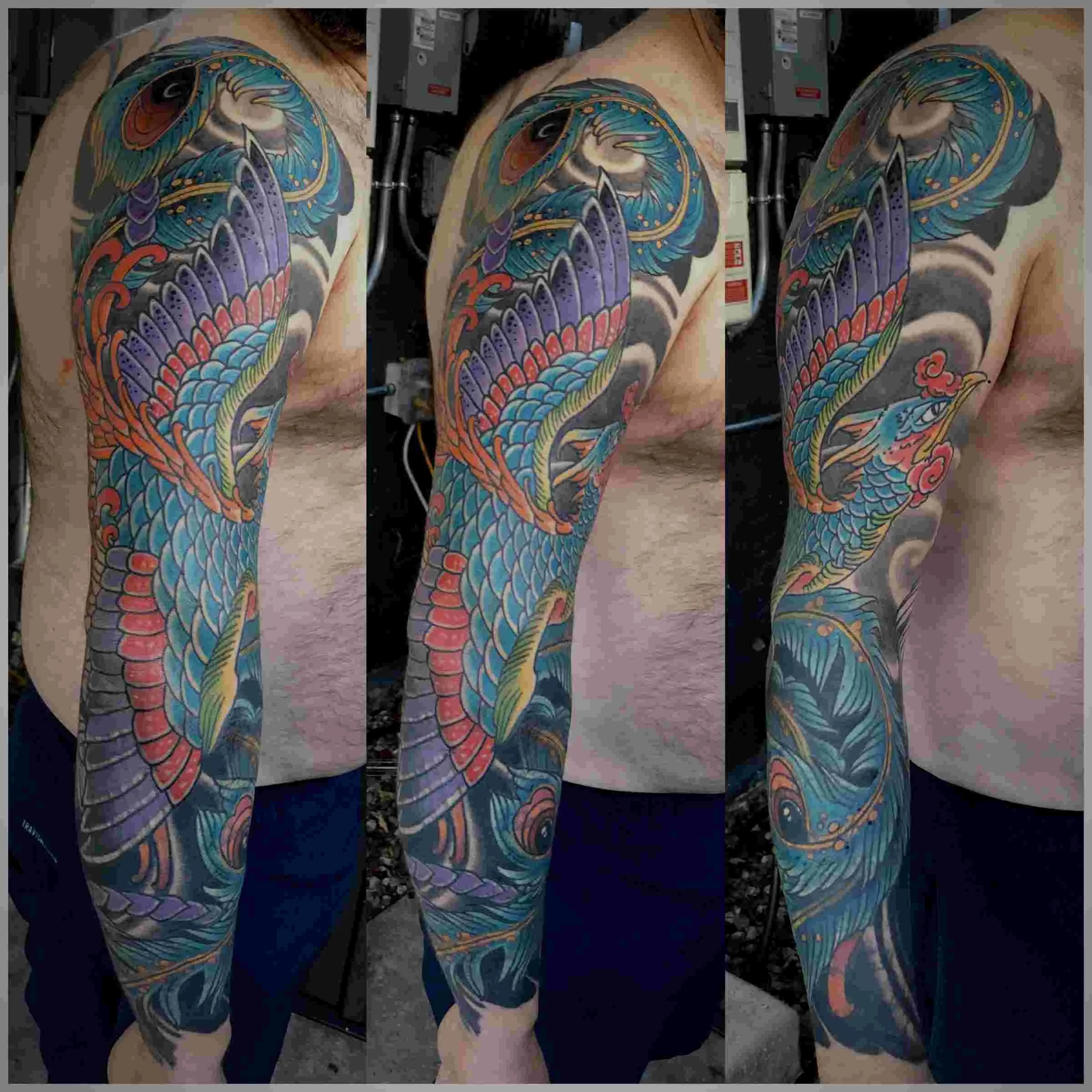 Japanese phoenix sleeve tattoo by Chris Cockrill