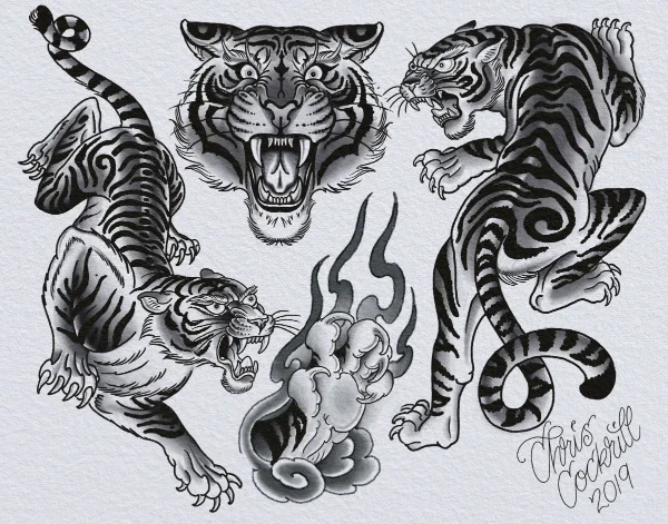 Hand-painted traditional tiger tattoo flash by Chris Cockrill in San Diego