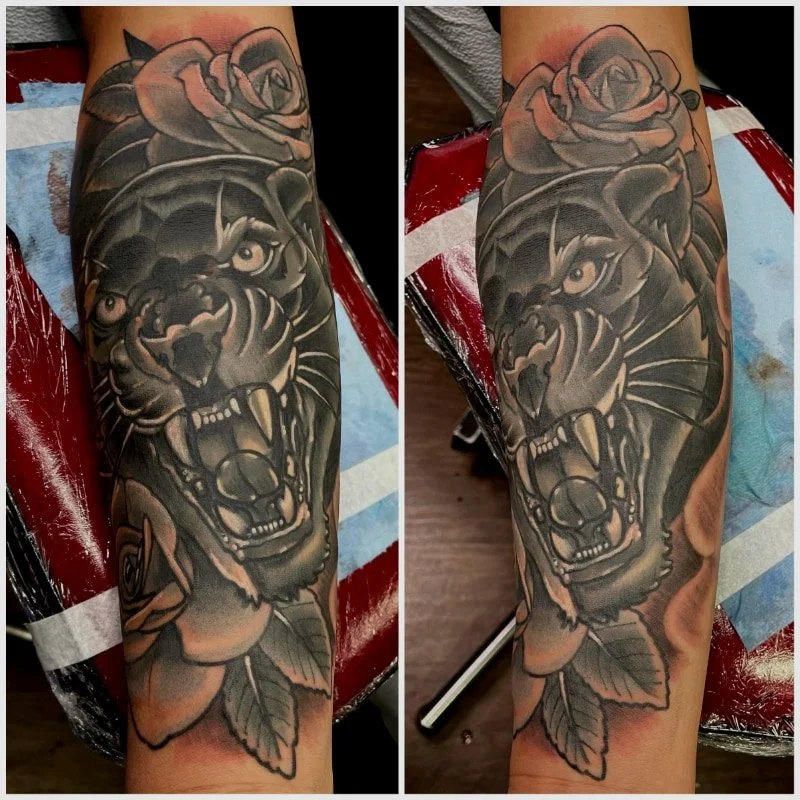 black and grey panther tattoo as a coverup 