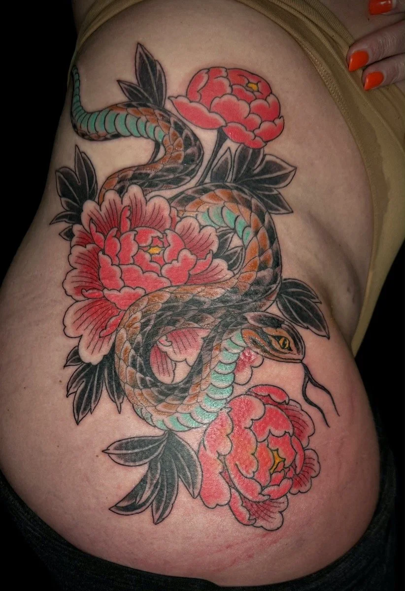 peony and snake japanese tattoo design 