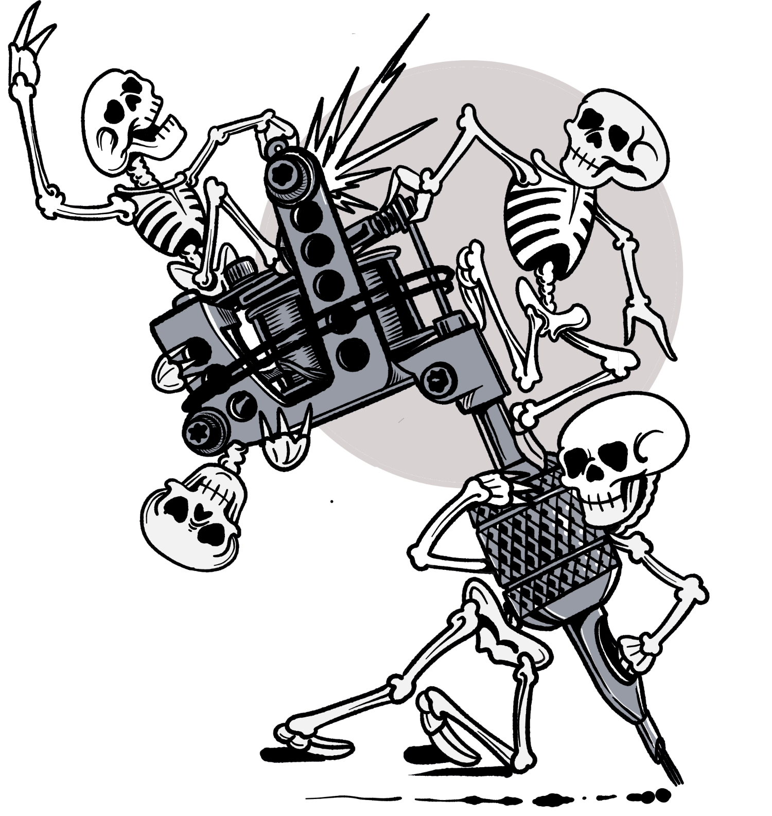 skeletons pushing a tattoo machine in a line