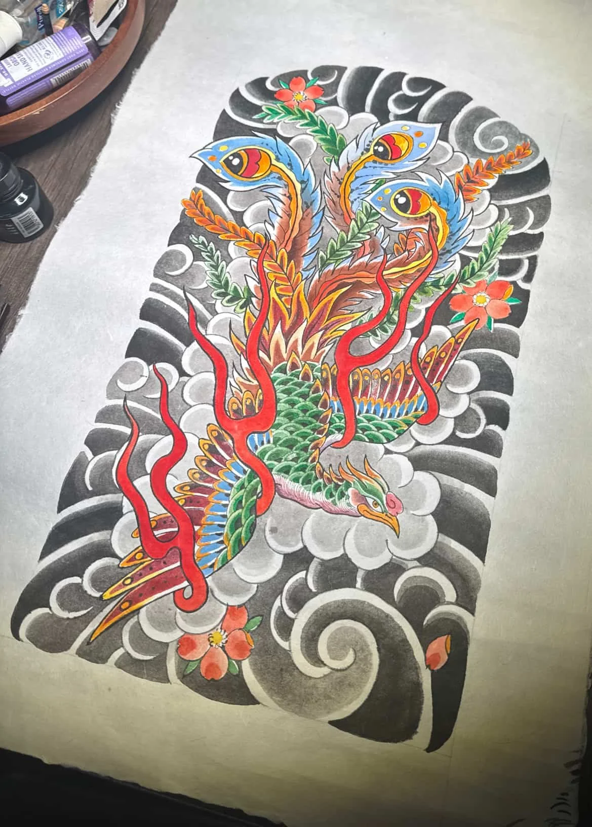 Japanese phoenix tattoo design painted on washi paper by Chris Cockrill