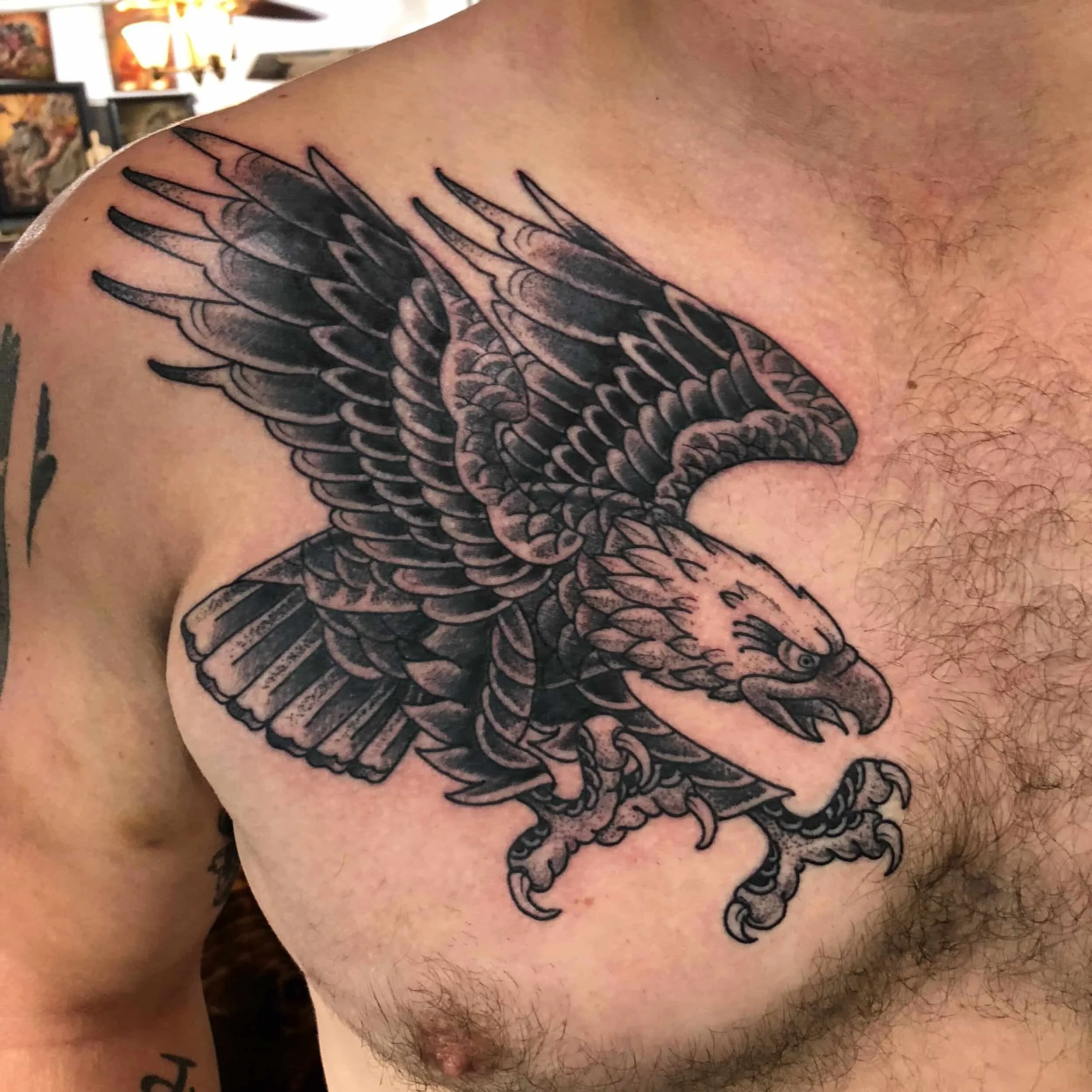  Black and gray eagle chest tattoo by San Diego tattoo artist Chris Cockrill