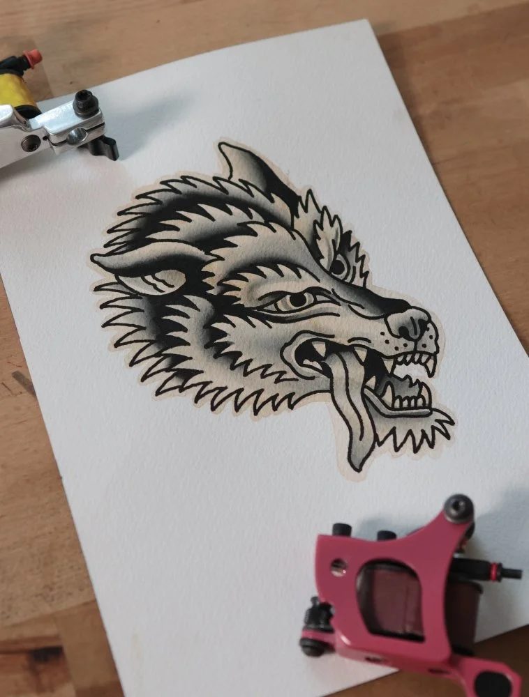 traditional sailor jerry style wolf head tattoo flash 
