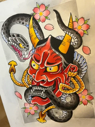 Hannya mask painted in watercolor by Chris Cockrill