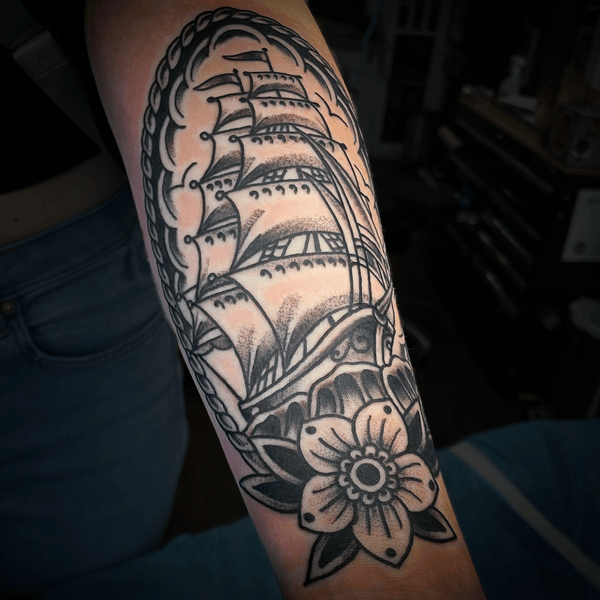 american ship tattoo on forearm 
