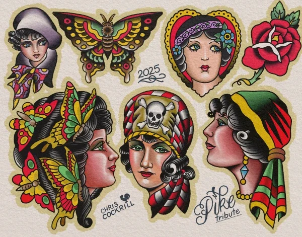 Hand-painted traditional lady head tattoo flash sheet by Chris Cockrill