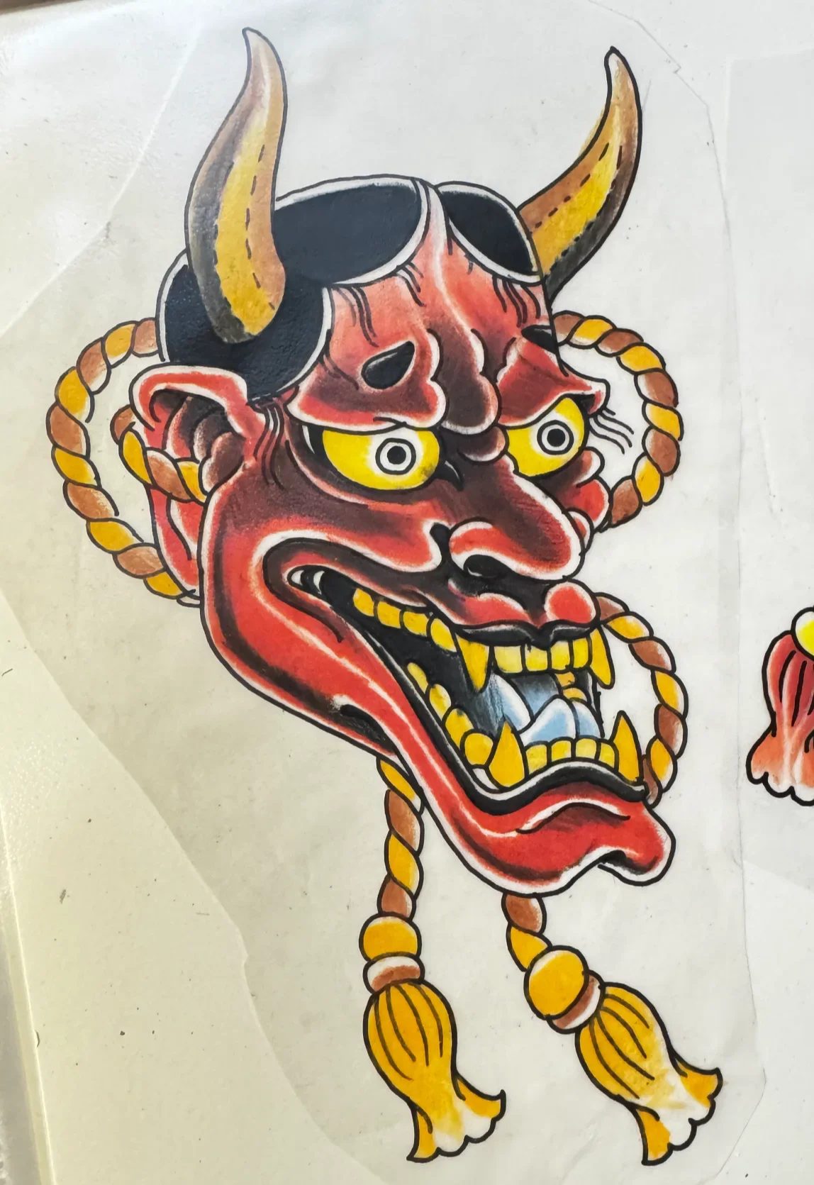 Hannya mask tattoo design in colored pencil, available to tattoo, by Chris Cockrill in San Diego