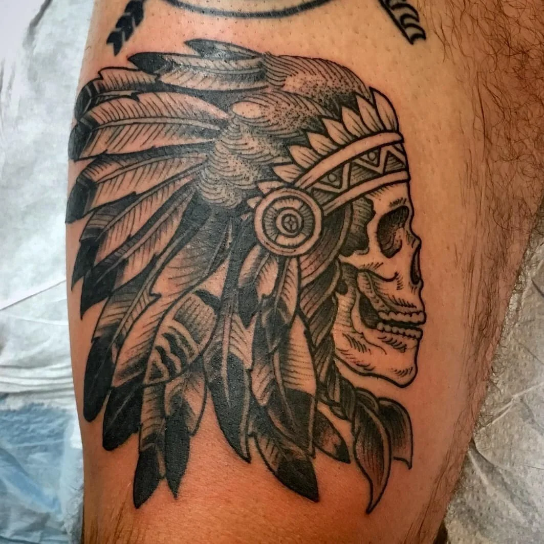 fine line native american skull with headdress 