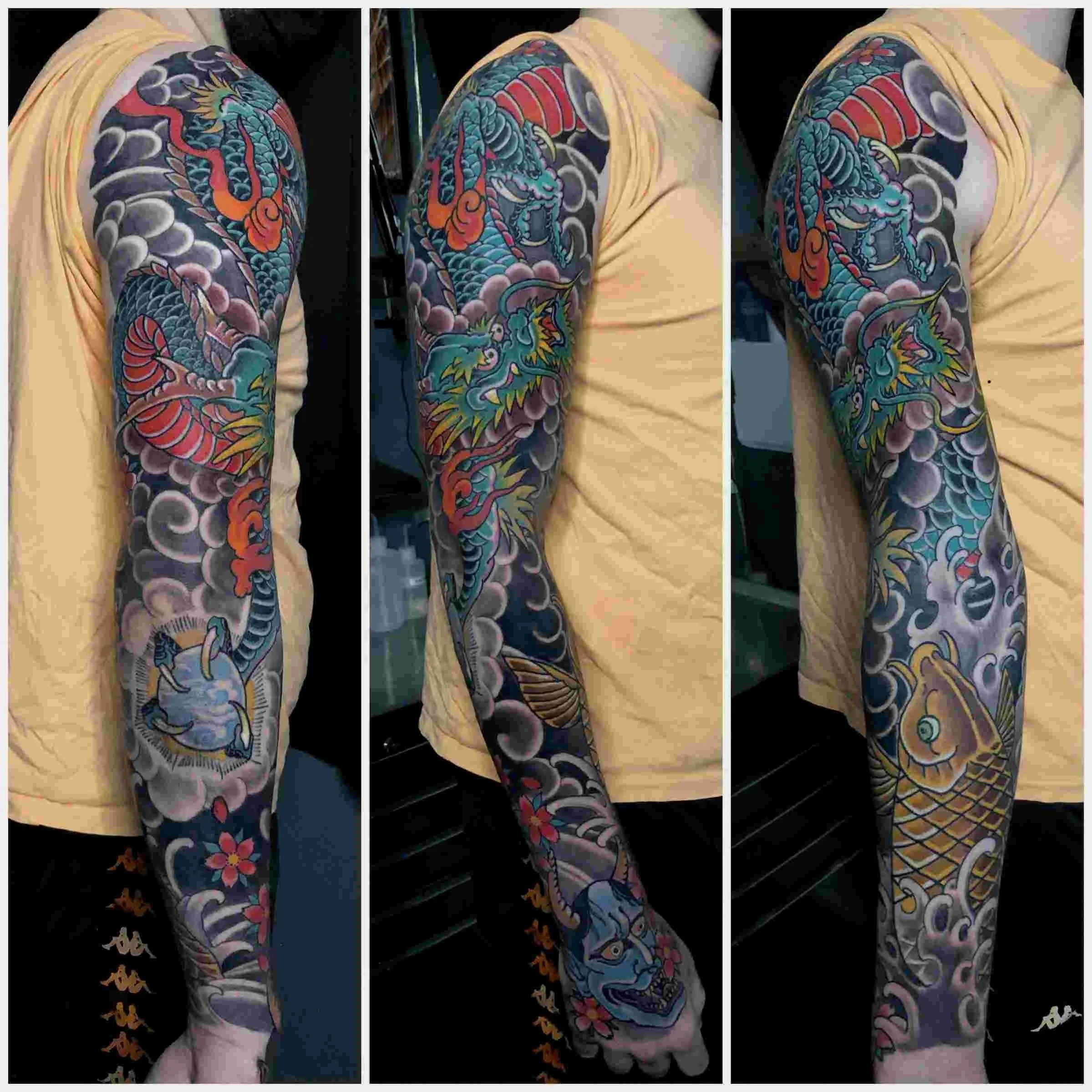 dragon and koi full sleeve tattoo done in San Diego 
