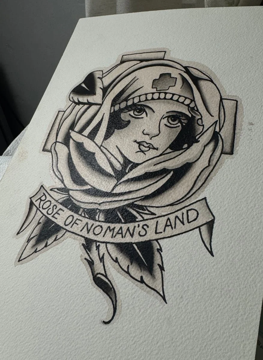 Rose of No Man's Land — flash painting by Chris Cockrill, Remington Tattoo, North Park San Diego."