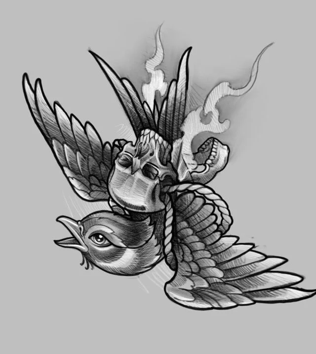 black and grey swallow with skull tattoo design 