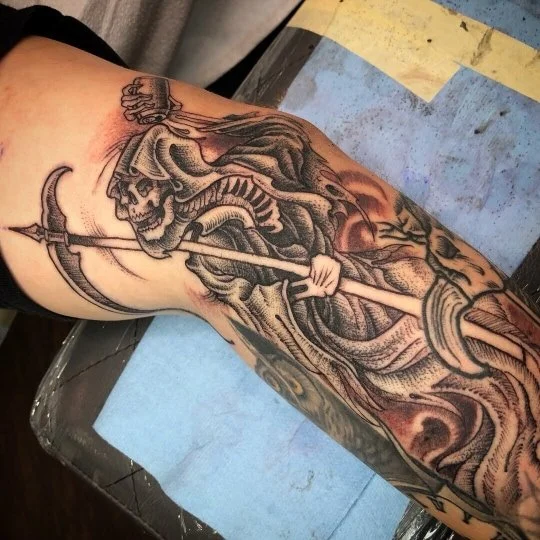 black and grey grim reaper tattoo 