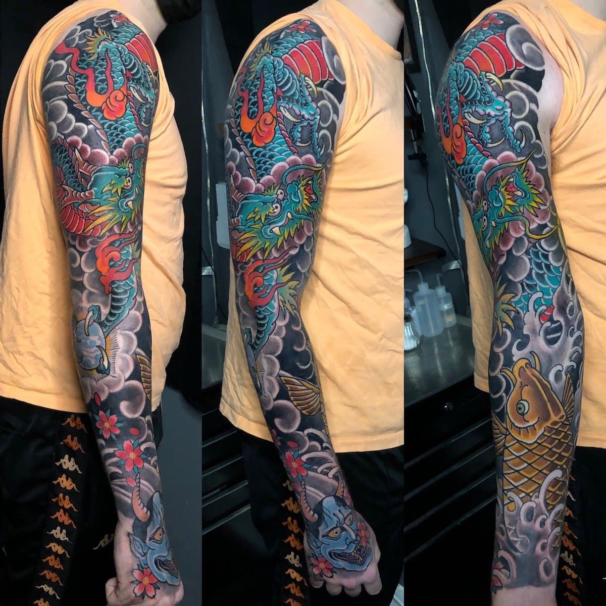 japanese sleeve tattoo of a dragon and koi fish  done at Remington tattoo in North Park 