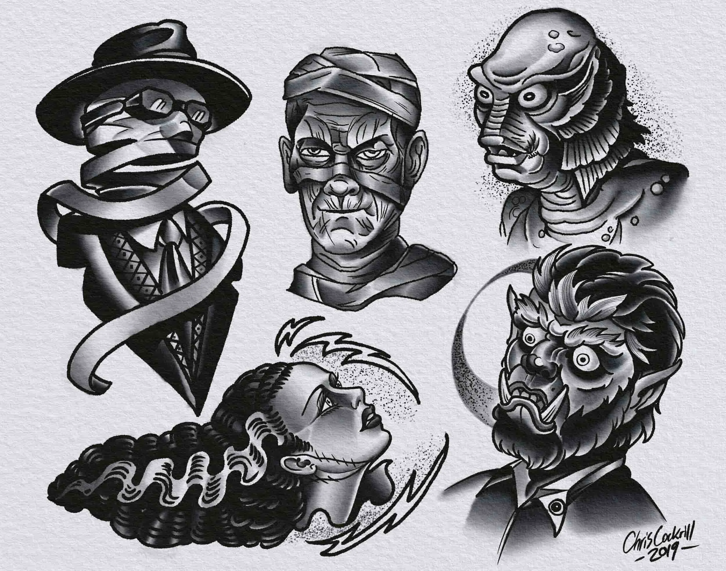 hollywood monsters black and grey tattoo flash from chris cockrill 