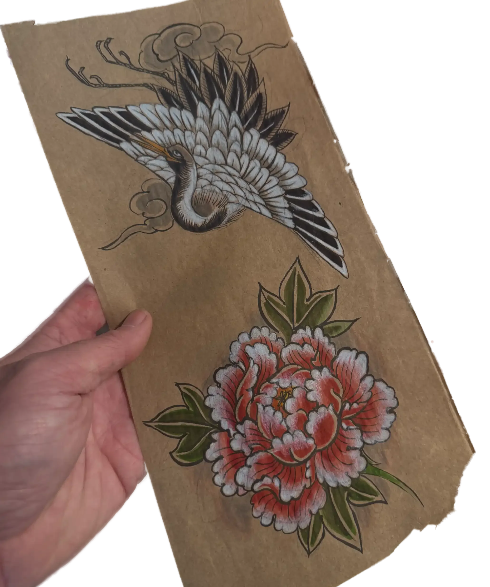 Japanese crane and peony tattoo design by Chris Cockrill