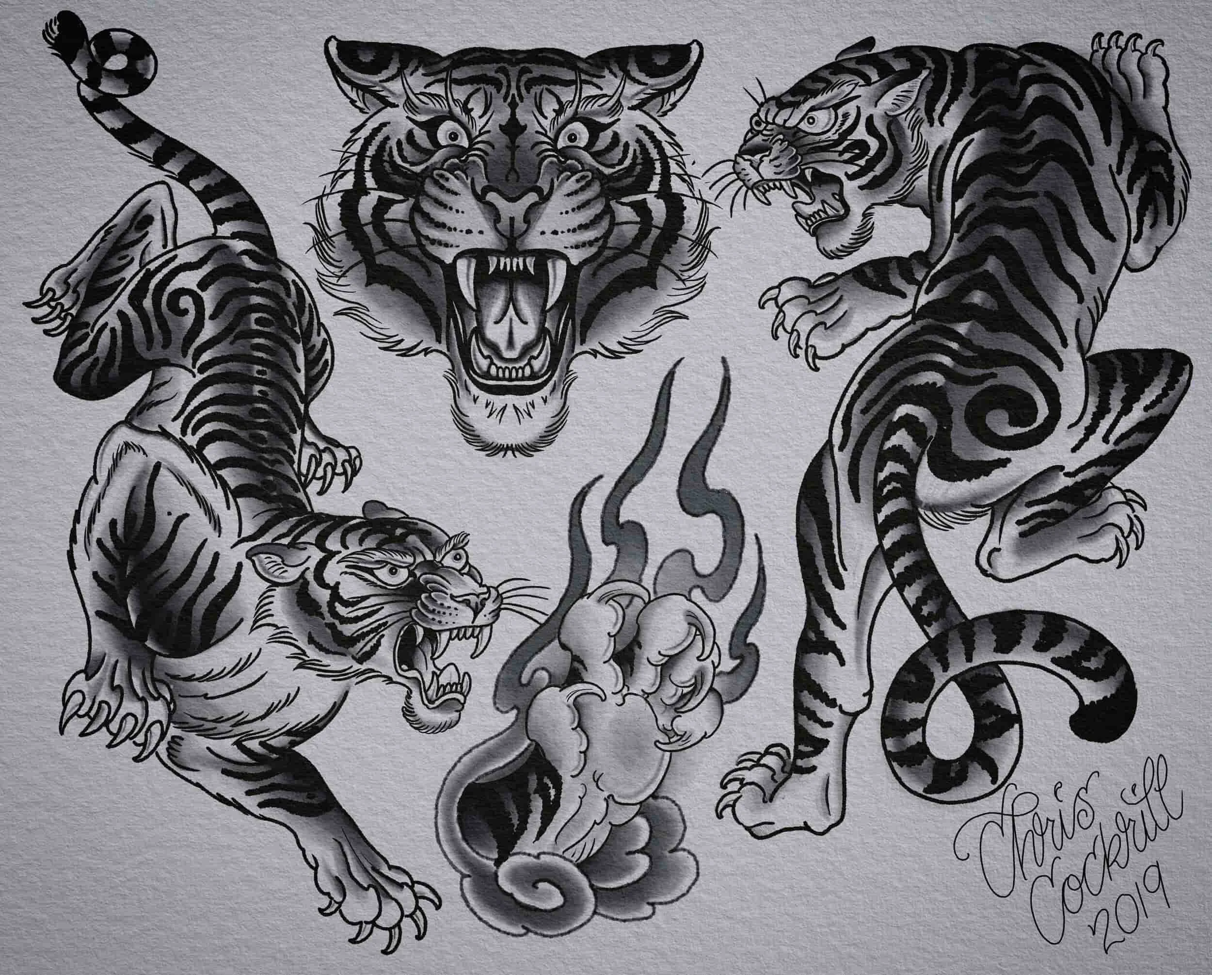 pinky yun tiger style tattoo flash sheet by a san diego tattoo artist 